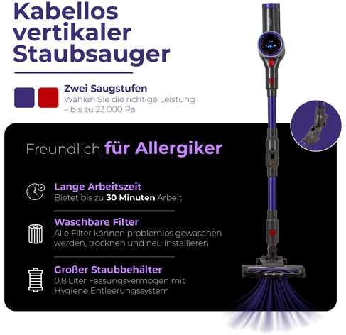Belaidis vertikalus dulkių siurblys Adler AD 7061 alergiškiems žmonėms Juodas, Mėlyna