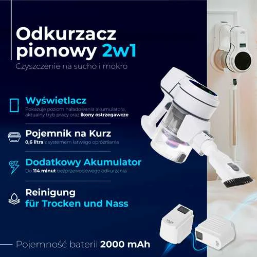 Adler dulkių siurblys | AD 7064 2in1 | Belaidis veikimas | 220-240 V | Veikimo laikas (maks.) 57 min | Baltas | Garantija 24 mėn.