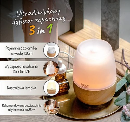 Drėkintuvas Adler | Ultragarsinis aromatų difuzorius | AD 7967 | Ultragarsinis | Tinka kambariams iki 25 m² | Brownas/Baltas