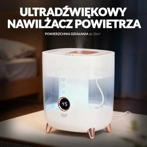 Adler | AD 7972 | Drėkintuvas | 23 W | Vanduo bako talpa 4 L | Tinka kambariams iki 35 m² | Ultragarsinis | Drėkinimo pajėgumas 150-300 ml/val | Baltas