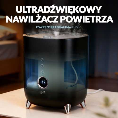 Adler | AD 7972 | Drėkintuvas | 23 W | Vanduo bako talpa 4 L | Tinka kambariams iki 35 m² | Ultragarsinis | Drėkinimo pajėgumas 150-300 ml/val | Juodas