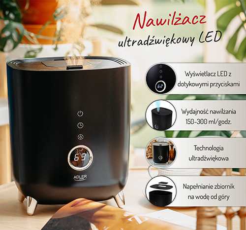 Adler | AD 7972 | Drėkintuvas | 23 W | Vanduo bako talpa 4 L | Tinka kambariams iki 35 m² | Ultragarsinis | Drėkinimo pajėgumas 150-300 ml/val | Juodas