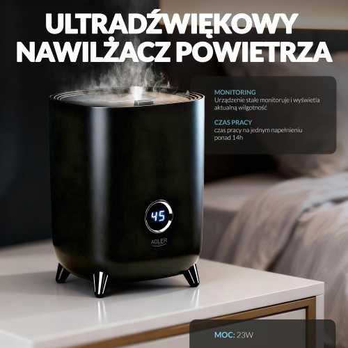 Adler | AD 7972 | Drėkintuvas | 23 W | Vanduo bako talpa 4 L | Tinka kambariams iki 35 m² | Ultragarsinis | Drėkinimo pajėgumas 150-300 ml/val | Juodas