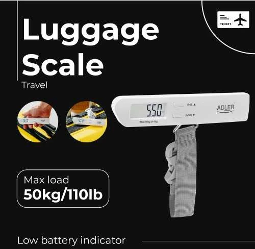 Virtuvinės svarstyklės Adler | Kelionių bagažo svarstyklės | AD 8191 | Didžiausias svoris (keliamoji galia) 50 kg | Tikslumas 10 g | Pilkas