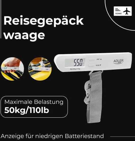 Virtuvinės svarstyklės Adler | Kelionių bagažo svarstyklės | AD 8191 | Didžiausias svoris (keliamoji galia) 50 kg | Tikslumas 10 g | Pilkas