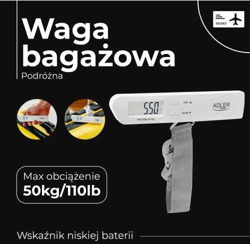 Virtuvinės svarstyklės Adler | Kelionių bagažo svarstyklės | AD 8191 | Didžiausias svoris (keliamoji galia) 50 kg | Tikslumas 10 g | Pilkas