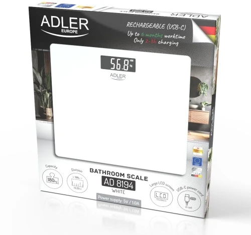 Adler AD 8194 baltas Vonios svarstyklės usb-c, akumuliatorinė, 180 kg, dokładność 100 g