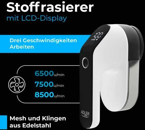 Adler | Lint remover LCD | AD 9618 | Baltas/Juodas | Rechargeable battery