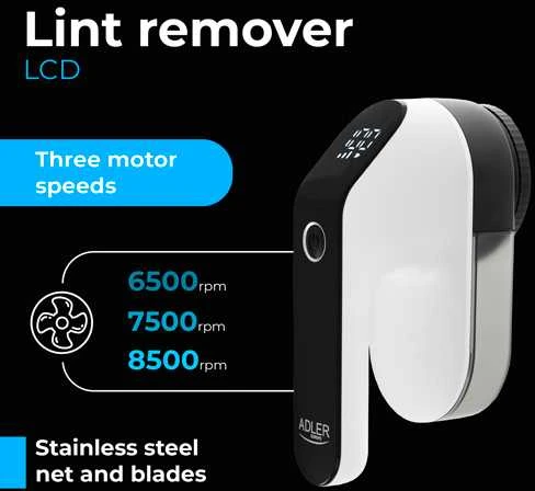 Adler | Lint remover LCD | AD 9618 | Baltas/Juodas | Rechargeable battery