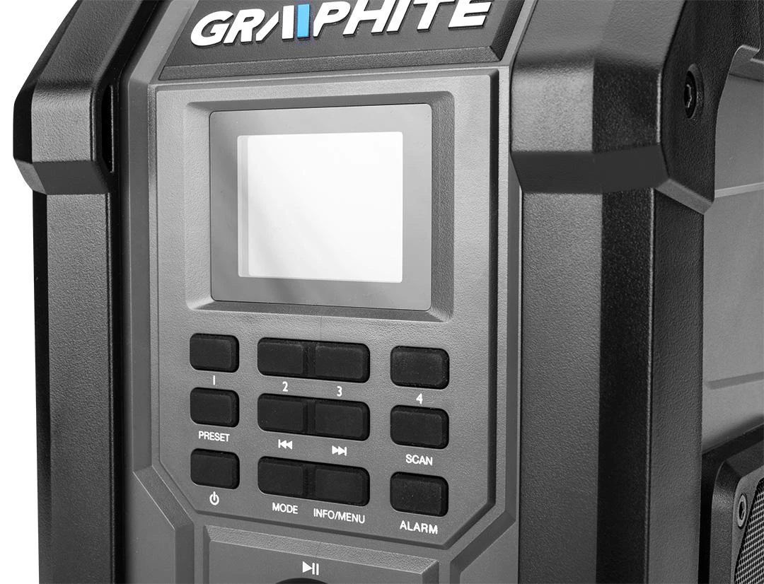 Radio „Graphite Energy+“ 18 V akumuliatorinis statybvietės radijas, be akumuliatoriaus