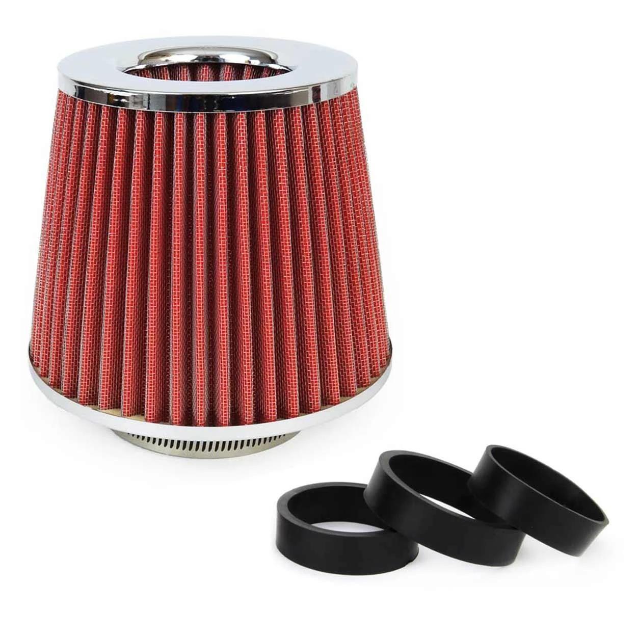 Kūginis oro filtras automobiliui, universalus, raudonas/chromuotas, su 3 adapteriais, AMIO-01282