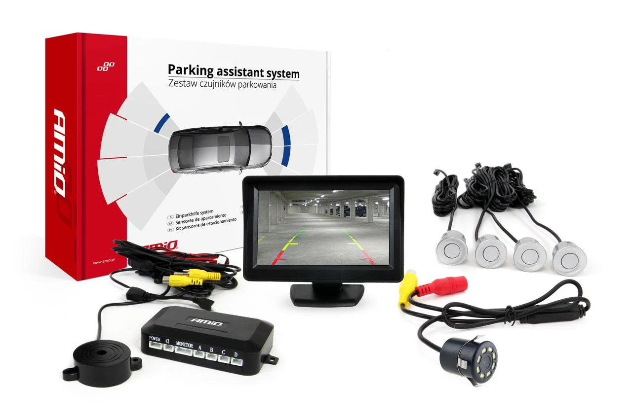 Amio Parkavimo pagalbos sistema TFT01 4,3" su HD 315 LED kamera, 4 sidabro spalvos jutikliai 22 mm