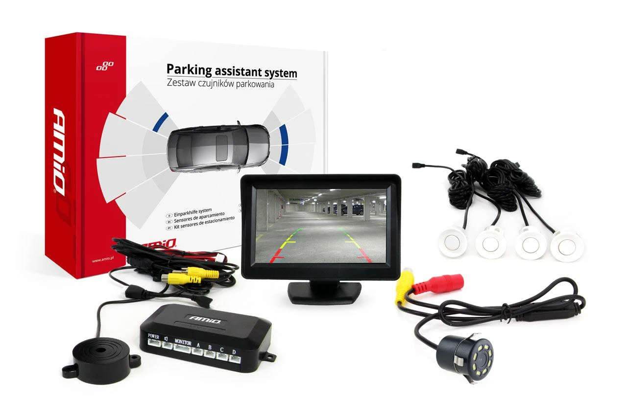 Amio Parkavimo jutiklių rinkinys TFT01 4,3 su CAM-308 LED Night Vision kamera, 4 balti jutikliai 22 mm