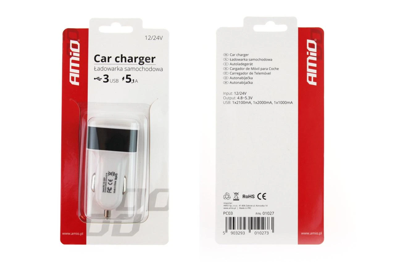 Amio Automobilinis telefono įkroviklis 3xUSB baltas PCH-03