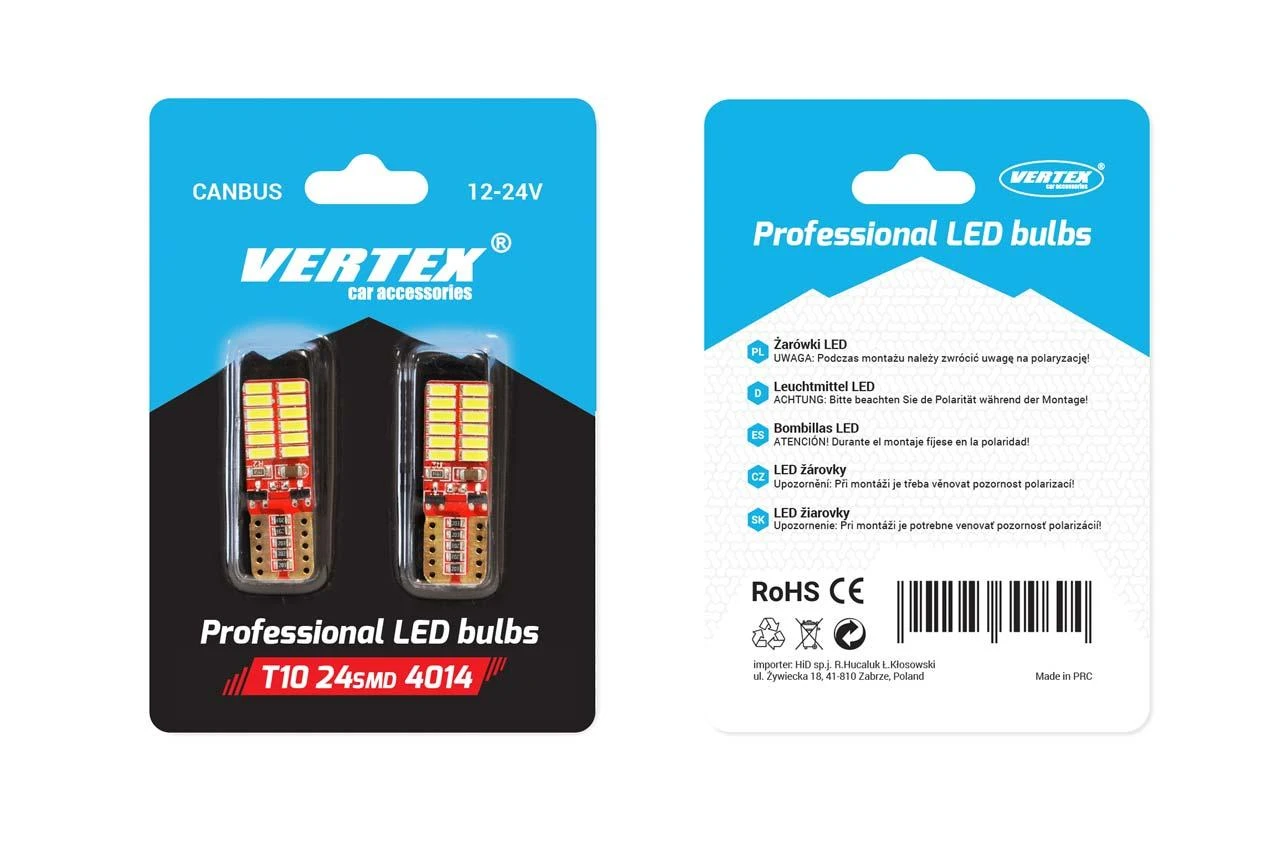 T10 LED 24SMD lemputės pakuotė iš abiejų pusių
