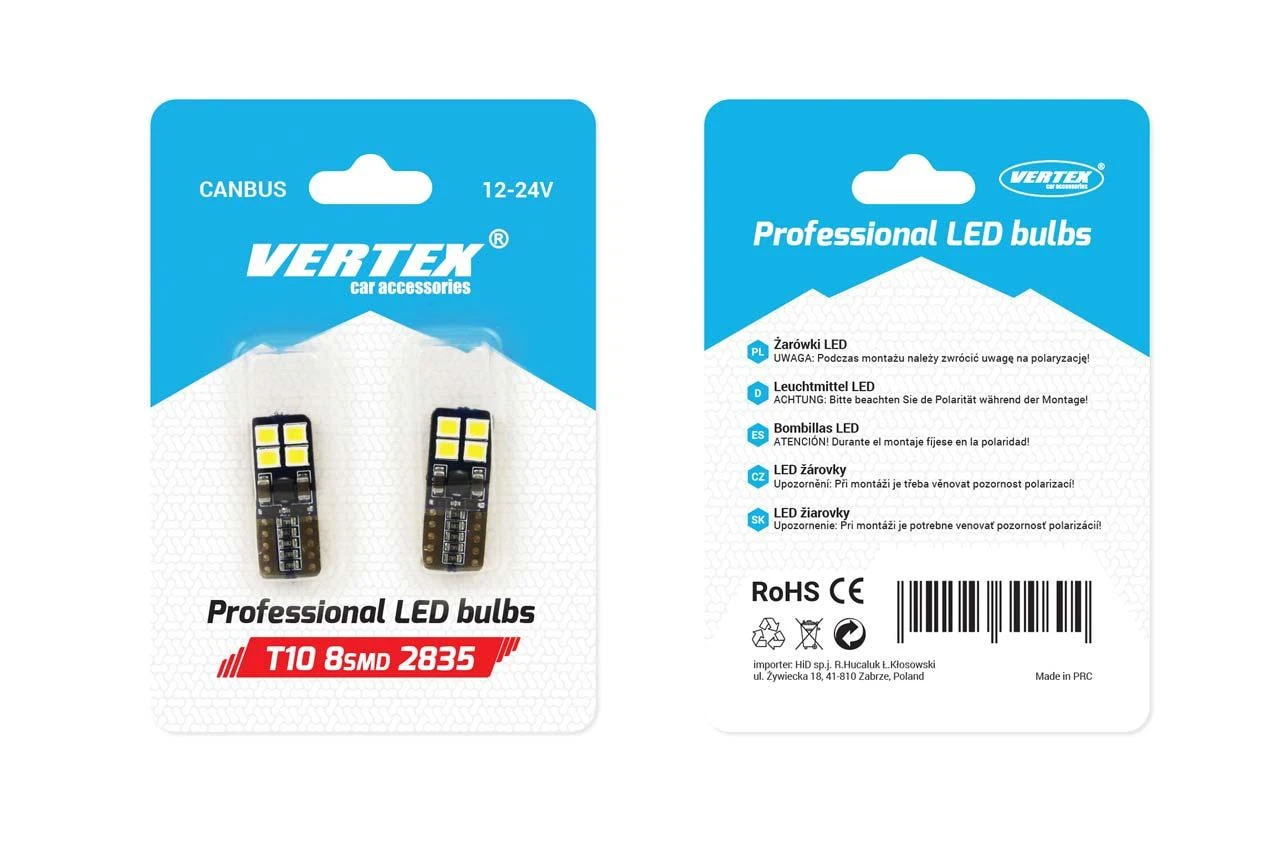 LED lemputės Canbus 8SMD 2835 T10E W5W baltos 12V 24V amio-01635
