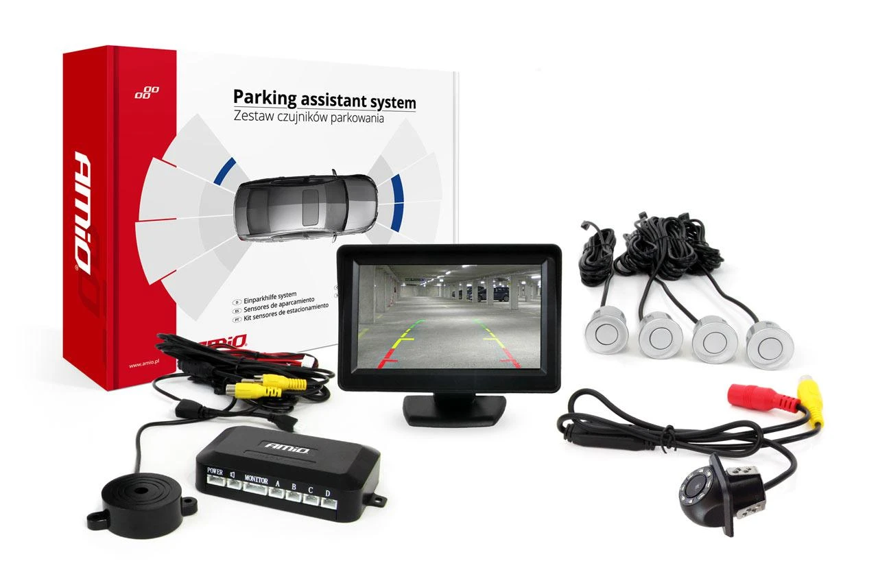 Amio Parkavimo pagalbos sistema TFT01 4,3" su HD-305 LED kamera, 4 sidabro spalvos jutikliai 28 mm