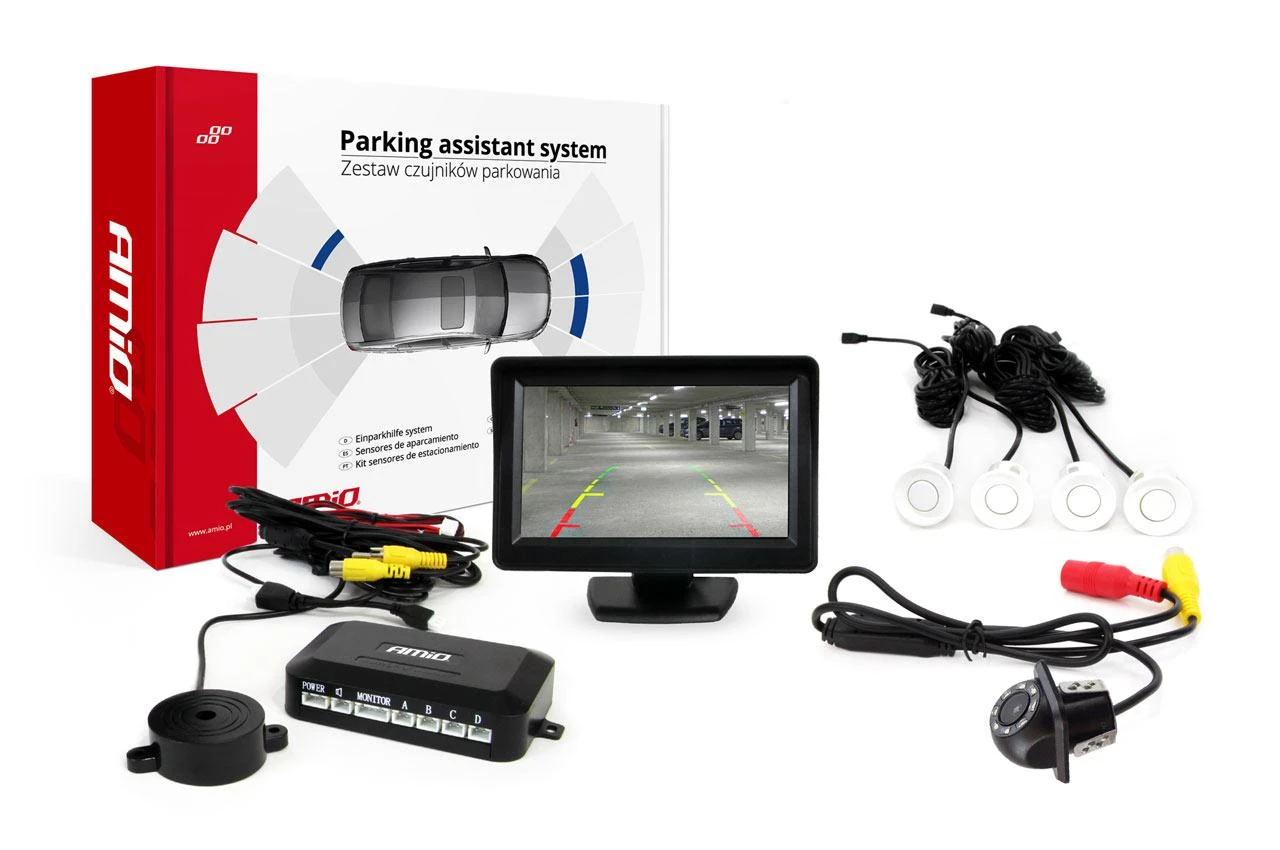 Amio Parkavimo pagalbos sistema TFT01 4,3" su HD-305 LED kamera, 4 balti jutikliai 28 mm