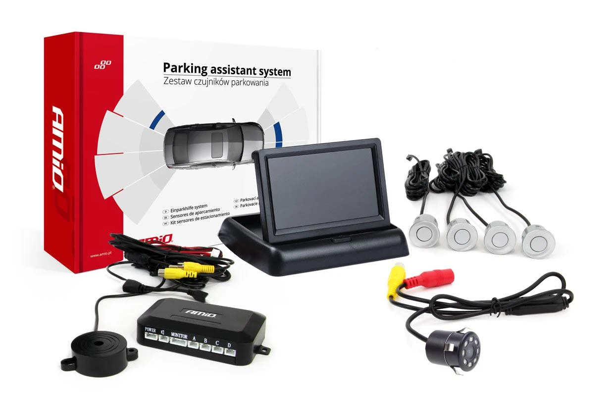 Amio Parkavimo pagalbos sistema TFT02 4,3" su HD-307-IR kamera, 4 sidabro spalvos jutikliai