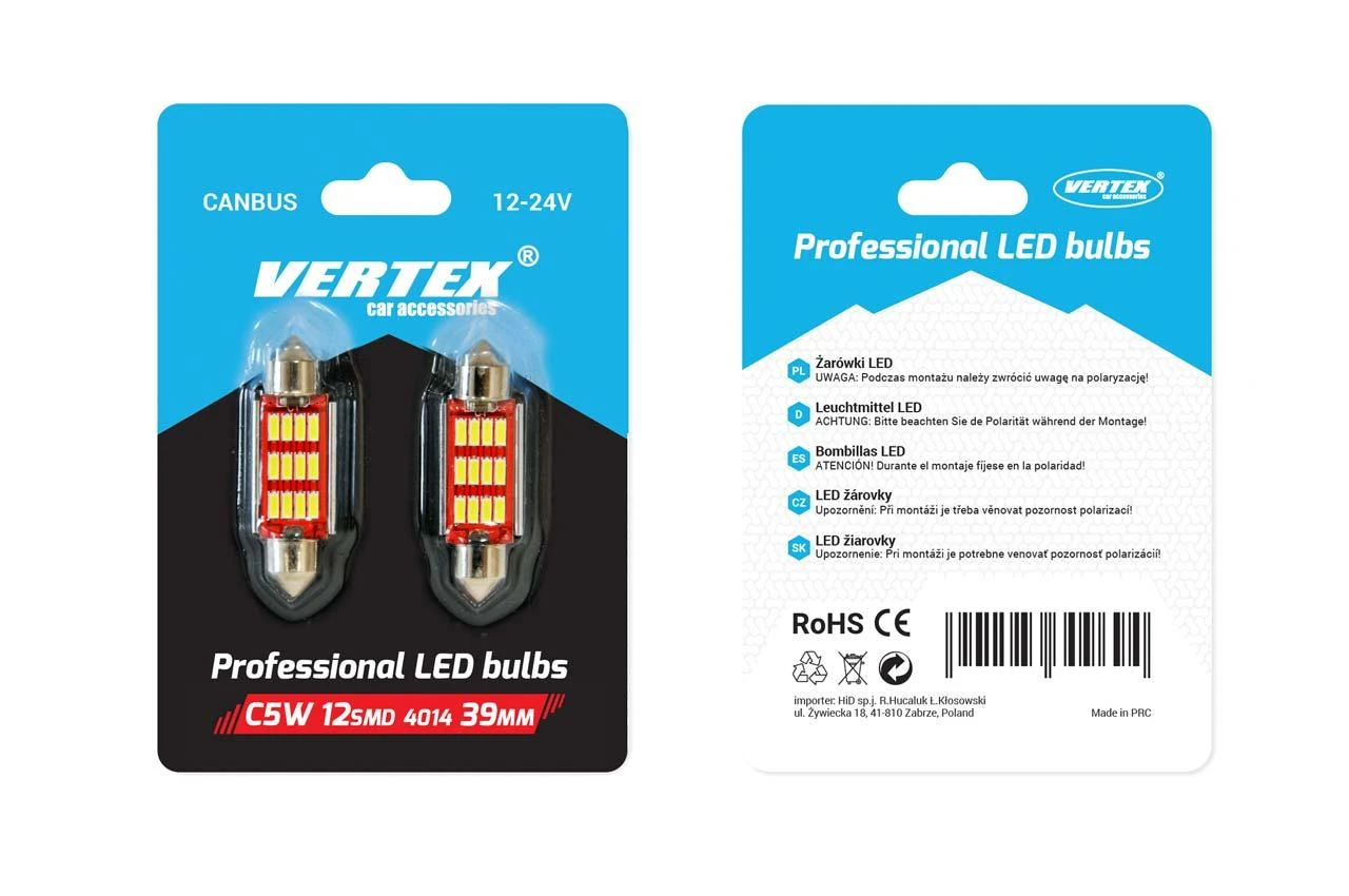 Amio LED lemputes 2 vnt. Canbus 12 smd 39*12mm