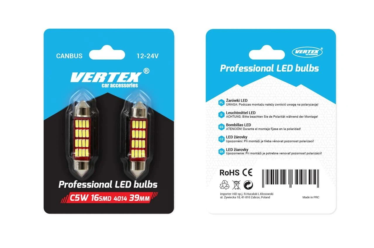 LED lemputės CANBUS 4014 16SMD festoon C5W C10W C3W 39mm baltos 12V 24V amio-01633