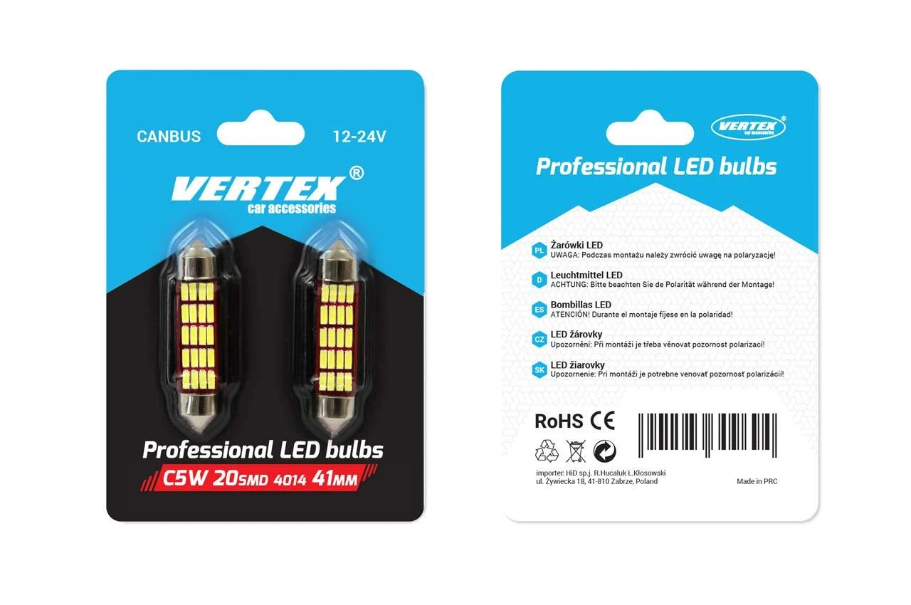 LED lemputės CANBUS 4014 20SMD festoon C5W C10W C3W 41mm baltos 12V 24V amio-01634