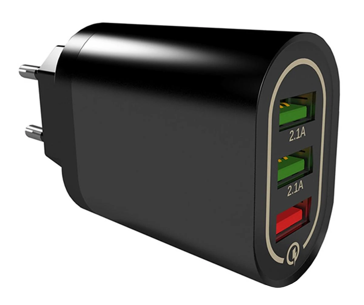 USB tinklo įkroviklis PLP37D, 18W, Quick Charge 3.0, 3 USB, juodas