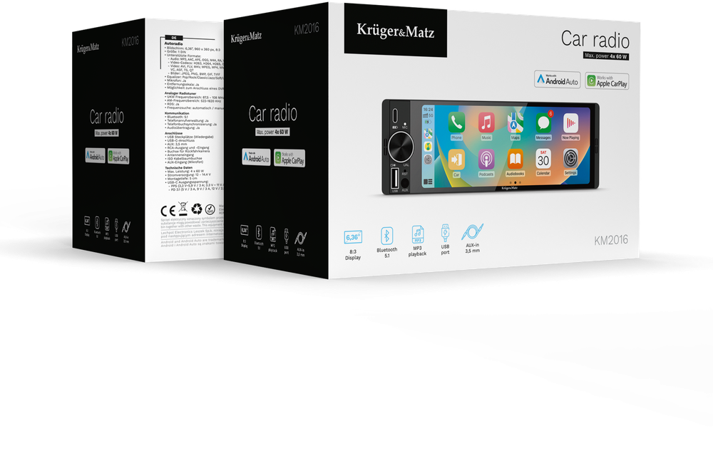 Automagnetola Kruger & Matz KM2016 1DIN CarPlay/AndroidAuto automobilio radijas