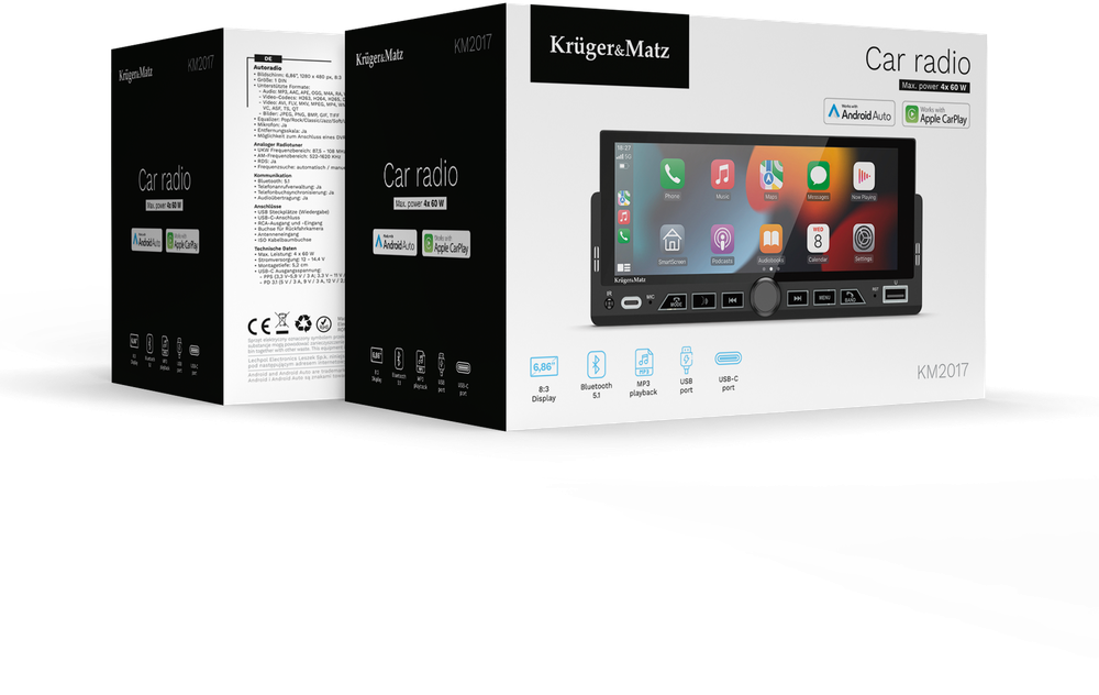 Automagnetola Kruger & Matz KM2017 1DIN CarPlay/AndroidAuto automobilio radijas