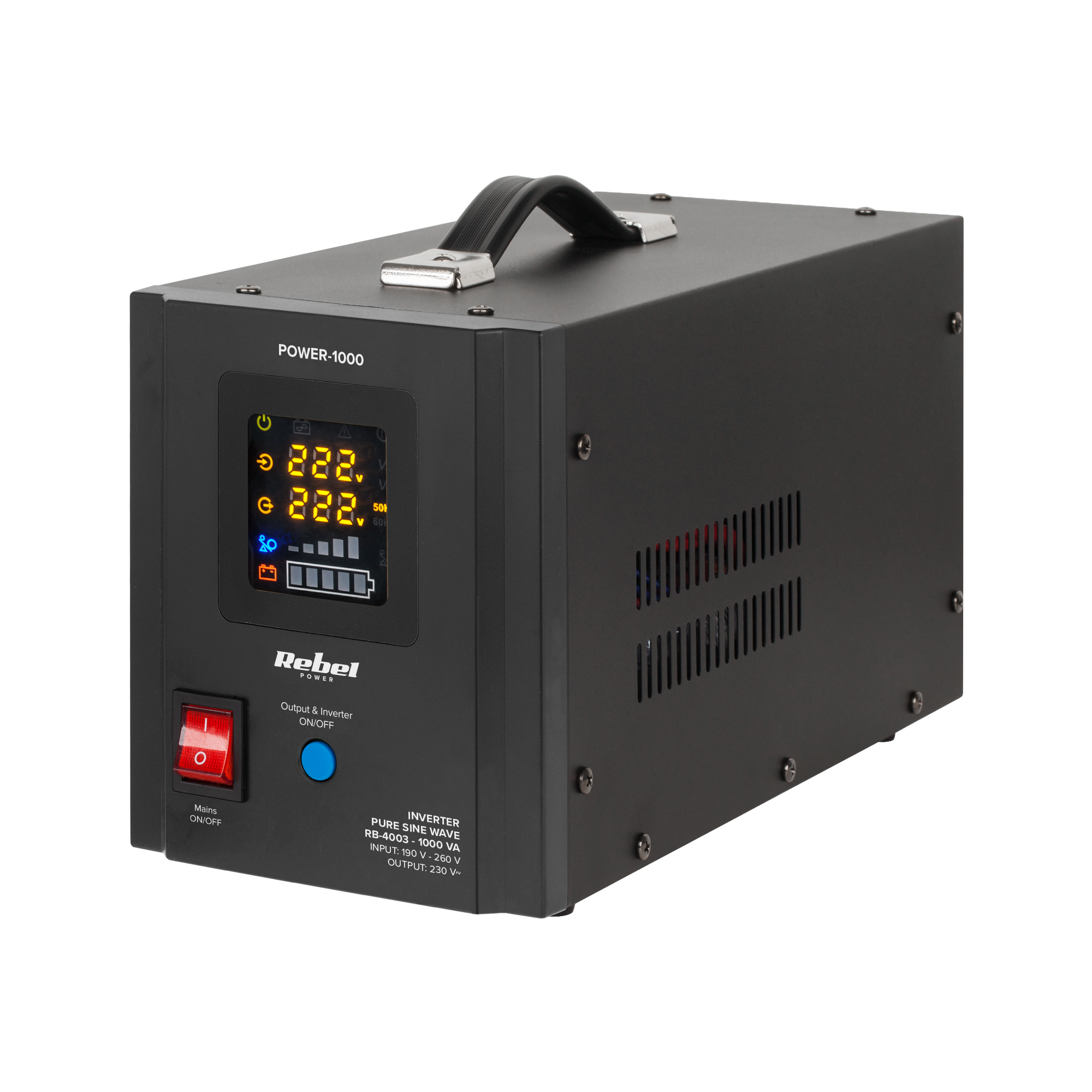 Nepertraukiamo maitinimo šaltinis Rebel POWER-1000 - inverteris su gryna sinusine banga ir įkrovimo funkcija 12V 230V 1000VA 700W