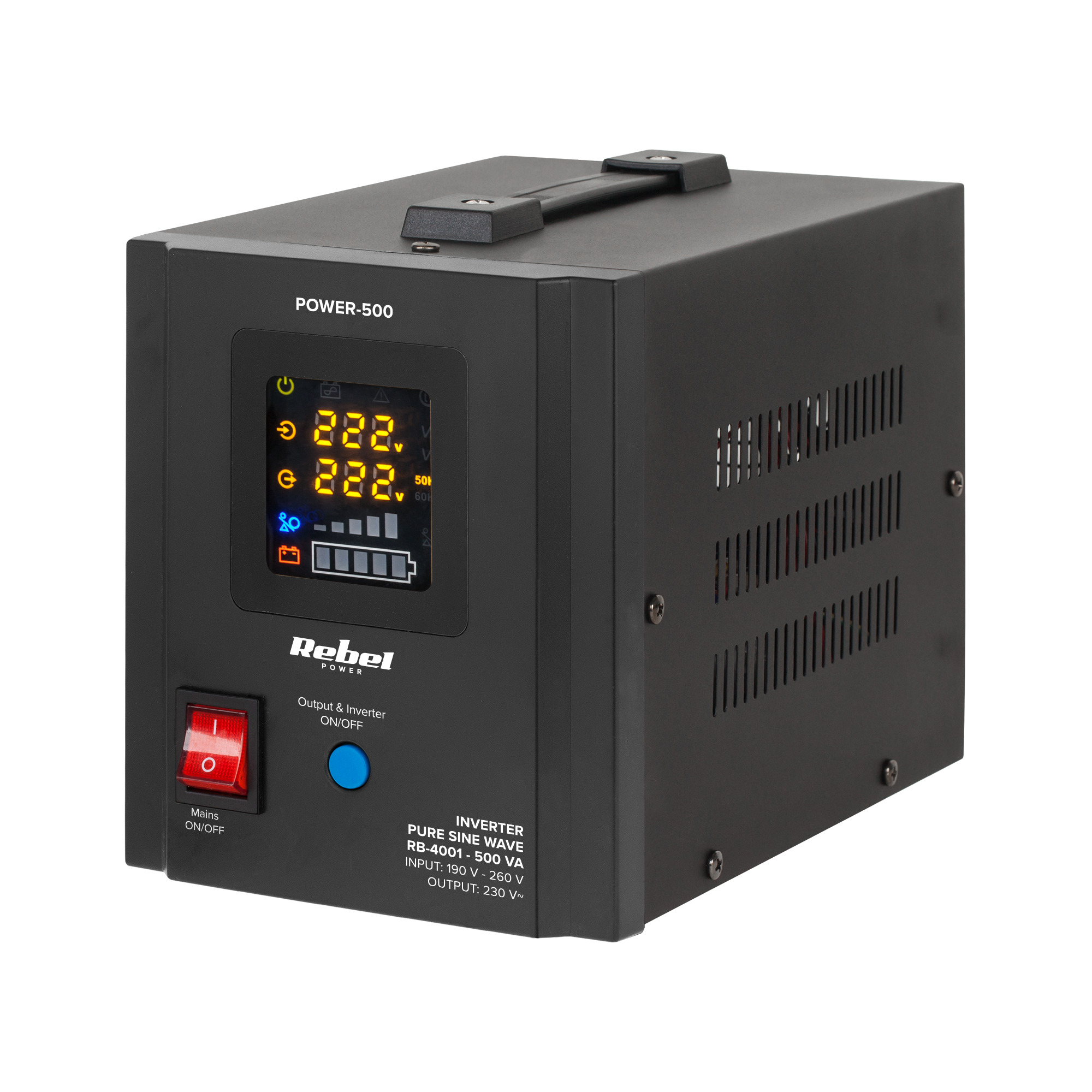 Nepertraukiamo maitinimo šaltinis Rebel POWER-500 - inverteris su gryna sinusine banga ir įkrovimo funkcija 12V 230V 500VA 300W