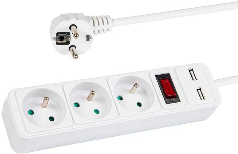 Blow PR-370WSP/USB prailgintuvas 3 lizdai + USB su įžeminimu + jungiklis baltas 1.5m 3x1.5mm