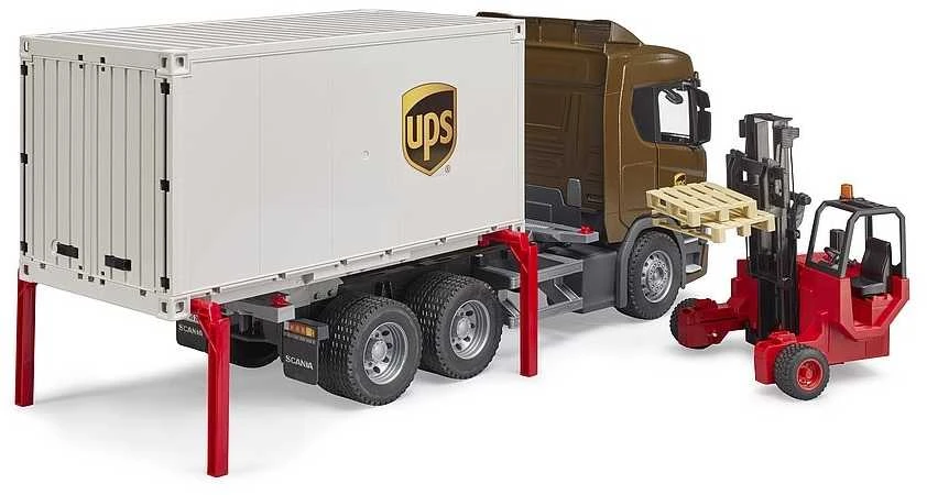 Bruder Žaislinis sunkvežimis Scania Super 560R su konteineriu ir šakiniu krautuvu