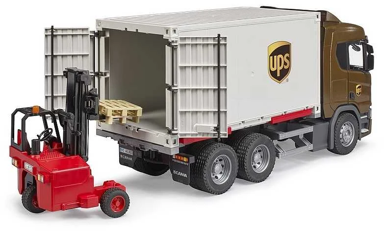 Bruder Žaislinis sunkvežimis Scania Super 560R su konteineriu ir šakiniu krautuvu