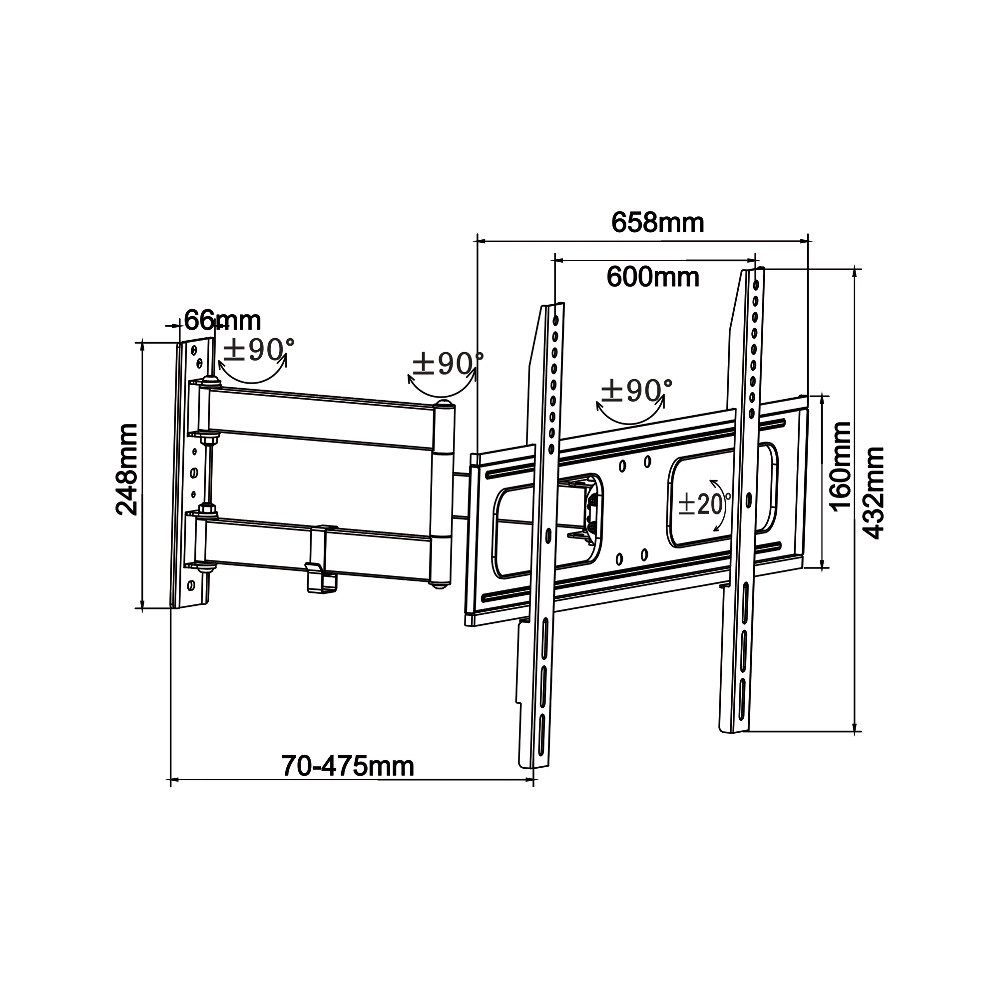 Cabletech Laikiklis sieninis reguliuojamas TV 37-70" (maks. 50kg)