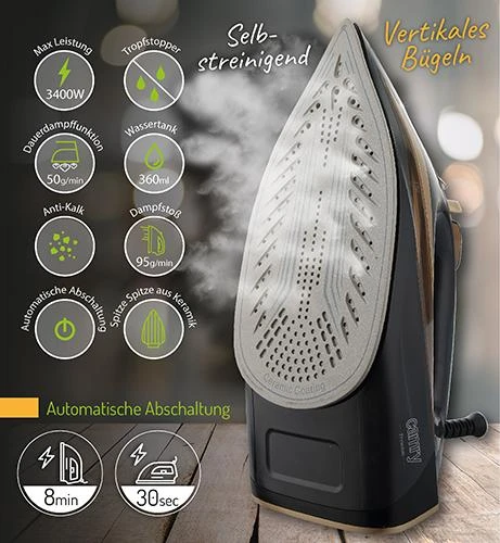 Camry | Garų lygintuvas | CR 5036 | Garų lygintuvas | 3400 W | Vanduo tank capacity 360 ml | Continuous steam 50 g/min | Juodas/Gold