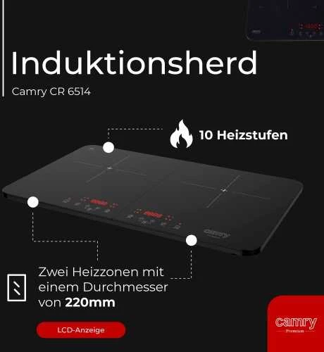 Dviejų degiklių indukcinė viryklė Camry Hob CR 6514, Juodos spalvos