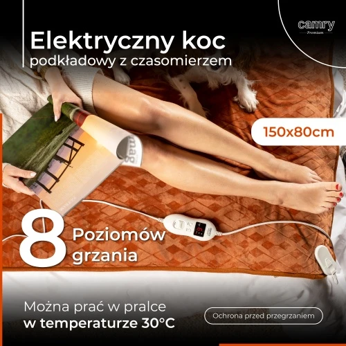 Camry | Elektrinė šildymo antklodė su laikmačiu | CR 7435 | Šildymo lygių skaičius 8 | Asmenų skaičius 1 | Skalbiamas | Nuotolinio valdymo pultas | Itin minkštas flisas/poliesteris | 60 W