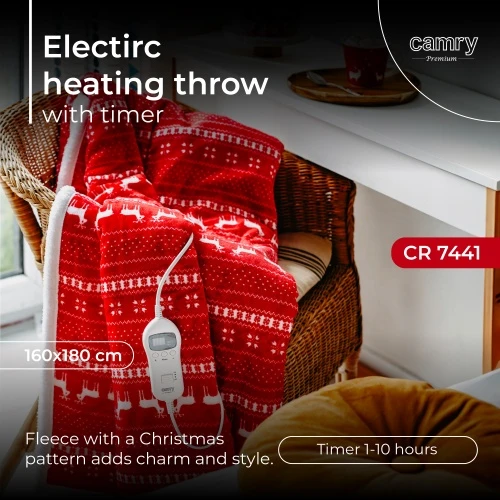 Camry | Elektrinė šildymo antklodė su laikmačiu | CR 7441 | Šildymo lygių skaičius 10 | Asmenų skaičius 1 | Nuotolinio valdymo pultas | 120 W | Raudona/Baltas