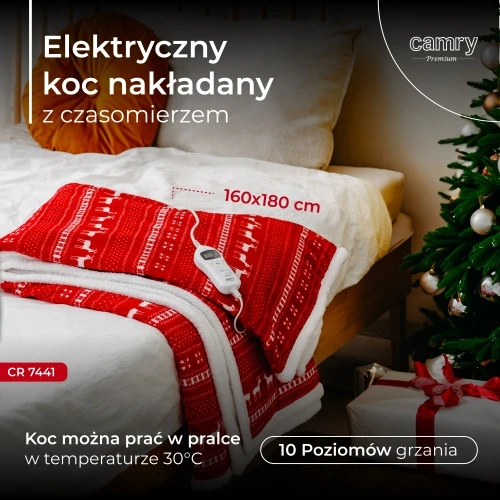 Camry | Elektrinė šildymo antklodė su laikmačiu | CR 7441 | Šildymo lygių skaičius 10 | Asmenų skaičius 1 | Nuotolinio valdymo pultas | 120 W | Raudona/Baltas