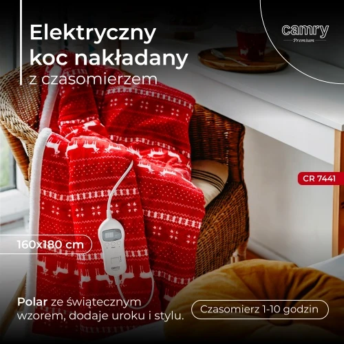 Camry | Elektrinė šildymo antklodė su laikmačiu | CR 7441 | Šildymo lygių skaičius 10 | Asmenų skaičius 1 | Nuotolinio valdymo pultas | 120 W | Raudona/Baltas
