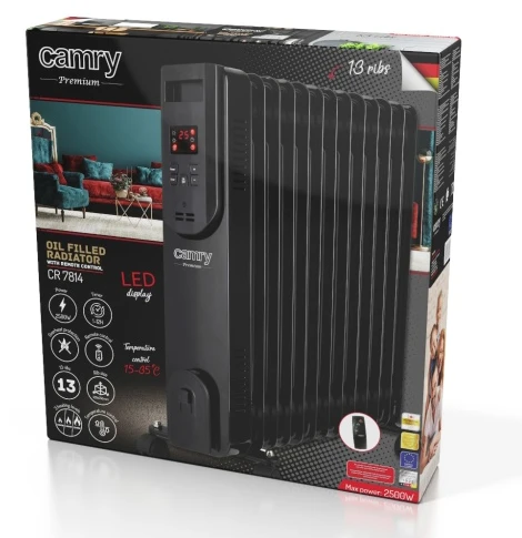 Adler Camry | Alyvos pripildytas radiatorius su nuotolinio valdymo pulteliu | CR 7814 | Alyva užpildytas radiatorius | 2500 W | Galios lygių skaičius 3 | Juodas