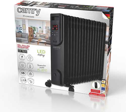 Camry | Alyvos pripildytas radiatorius su nuotolinio valdymo pulteliu | CR 7820 | Alyva užpildytas radiatorius | 2500 W | Galios lygių skaičius 3 | Juodas