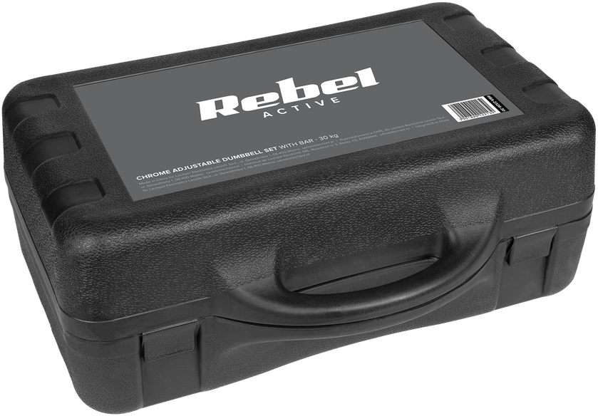REBEL ACTIVE chromuoti reguliuojamo svorio hanteliai dėkle, 30 kg, su štanga