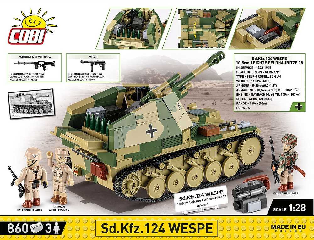 Cobi Klocki Sd.kfz.124 Wespe blokeliai 860 blokai