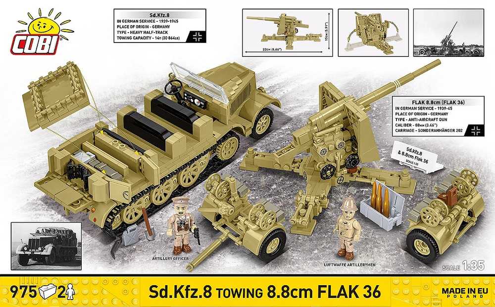 Cobi Klocki Sd.kfz.8 vilkimo blokai 8,8 cm priešlėktuvinės gynybos 36, 975 vienetai