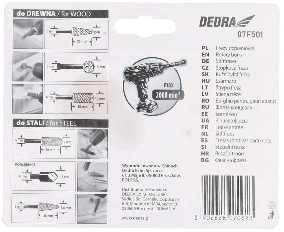 Dedra Frezy Metalo ir medžio pjaustyklės su kotu, 6 dalių rinkinys, 6 mm kotas