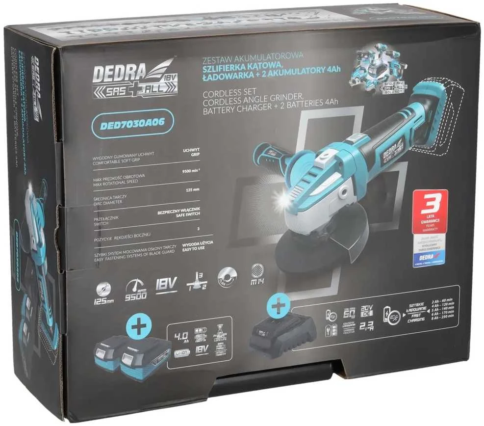 Dedra kampinio šlifuoklio rinkinys SAS+ALL 18 V su 2 × 4 Ah akumuliatoriais DED7030A06