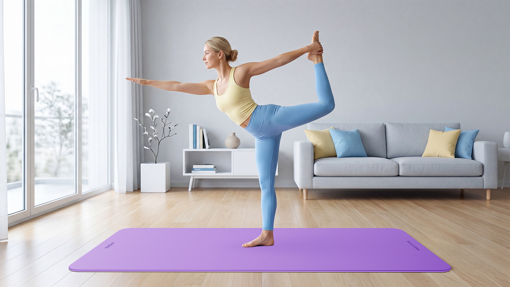 Gimnastikos kilimėlis jogai, pilatesui, fitnesui, 200x90cm, 1cm storio, TPE medžiaga, violetinė, REBEL ACTIVE aprašymas - Prekės nuotrauka