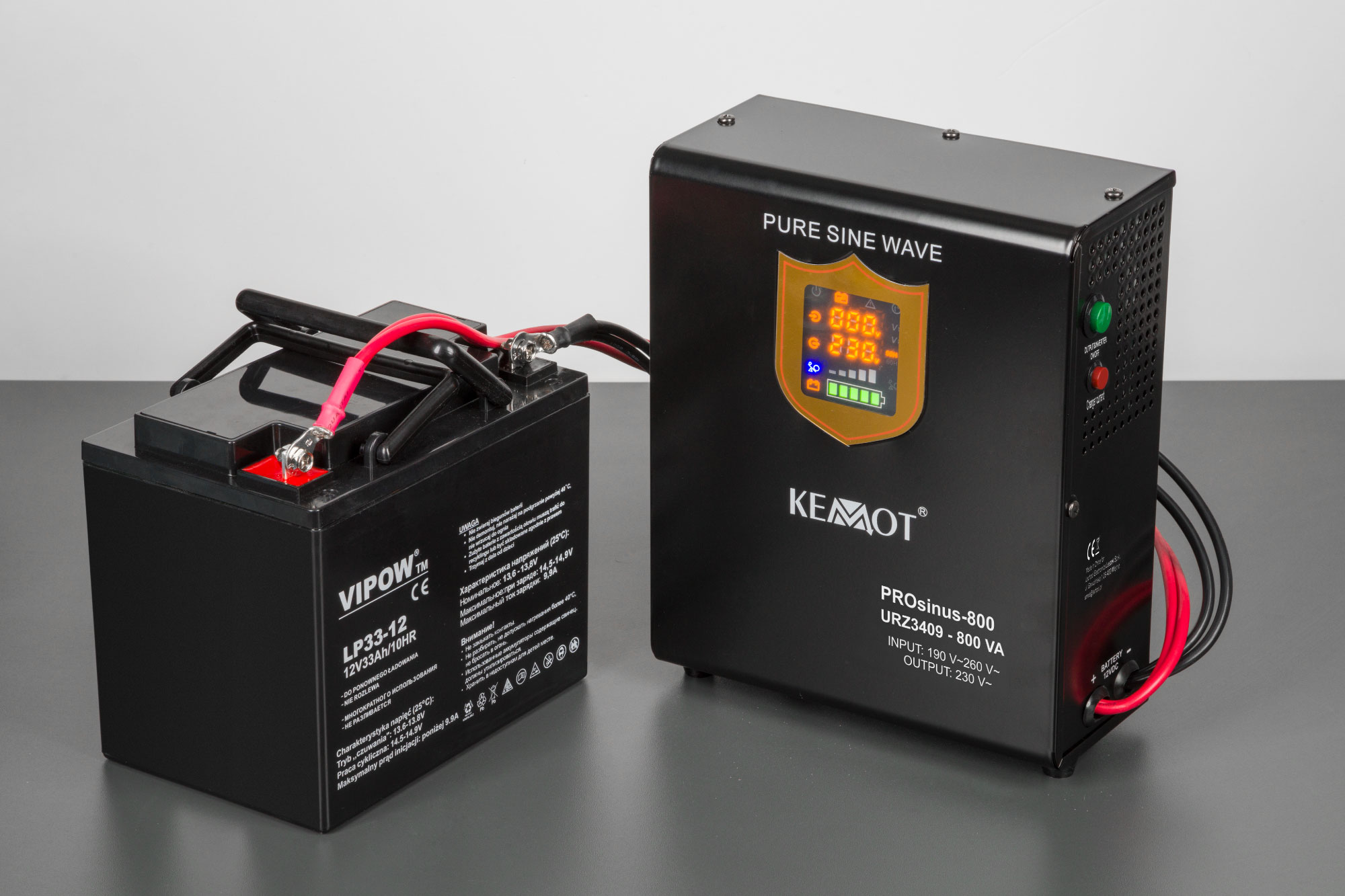 KEMOT PROsinus-800 sieninis nepertraukiamo maitinimo šaltinis grynos sinusinės bangos keitiklis su įkrovimo funkcija 12V 230V 800VA/500W aprašymas - Prekės nuotrauka